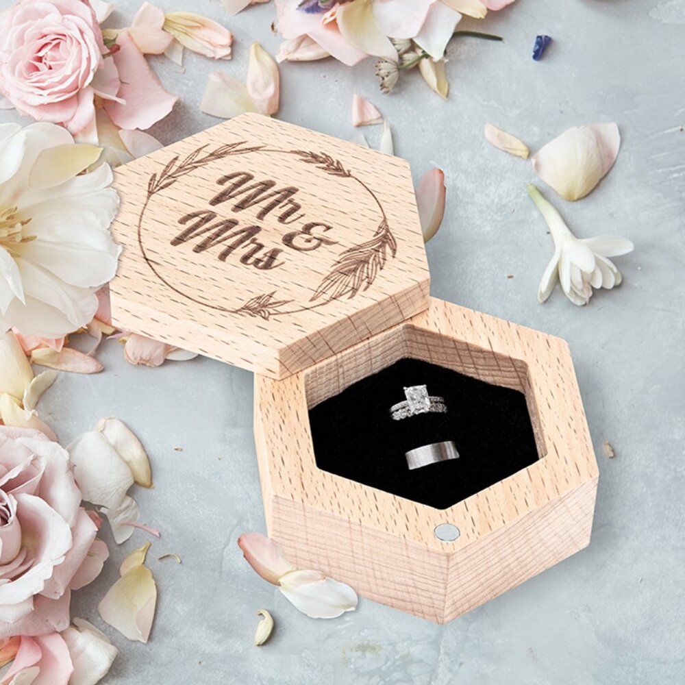 STROVA Mr. and Mrs. Wedding & Engagement Ring Box – Unique Rustic Wooden Hexagon